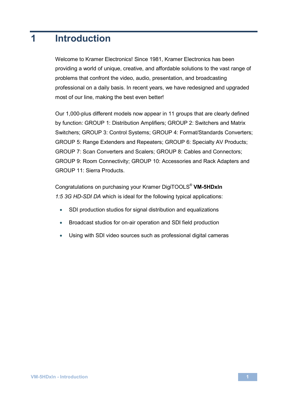 1 introduction, Introduction, 1introduction | Kramer Electronics VM-5HDxln User Manual | Page 4 / 11