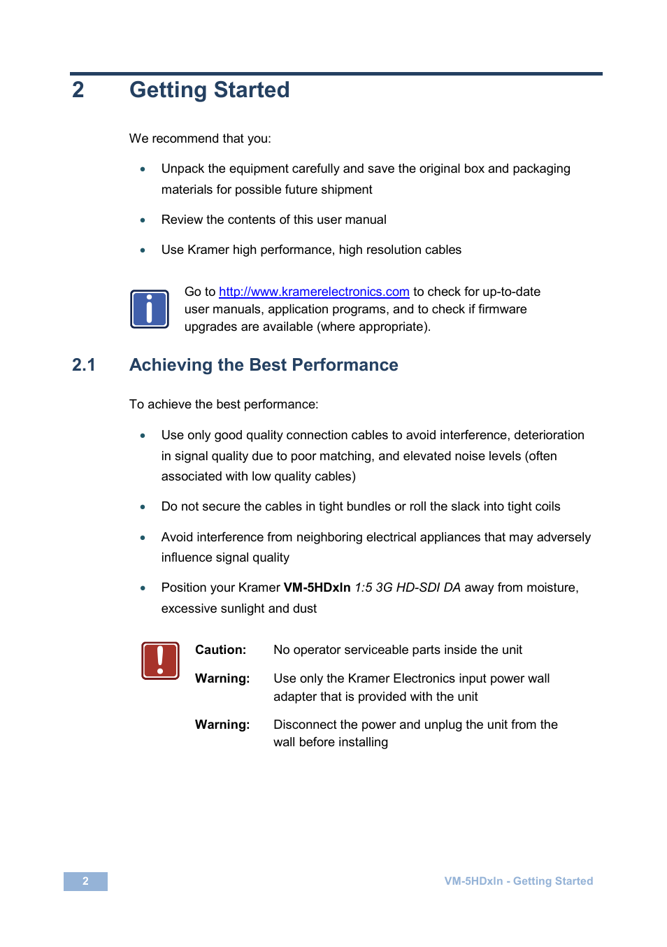 2 getting started, 1 achieving the best performance, Getting started | Achieving the best performance, 2getting started | Kramer Electronics VM-5HDxln User Manual | Page 5 / 11