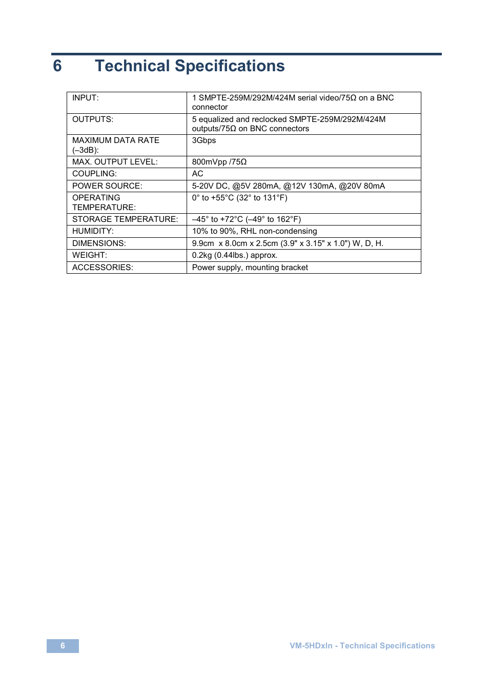 6 technical specifications, Technical specifications, 6technical specifications | Kramer Electronics VM-5HDxln User Manual | Page 9 / 11