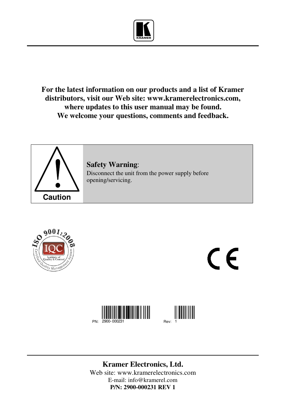 Kramer electronics, ltd, Caution, Safety warning | Kramer Electronics VM-92 User Manual | Page 16 / 16