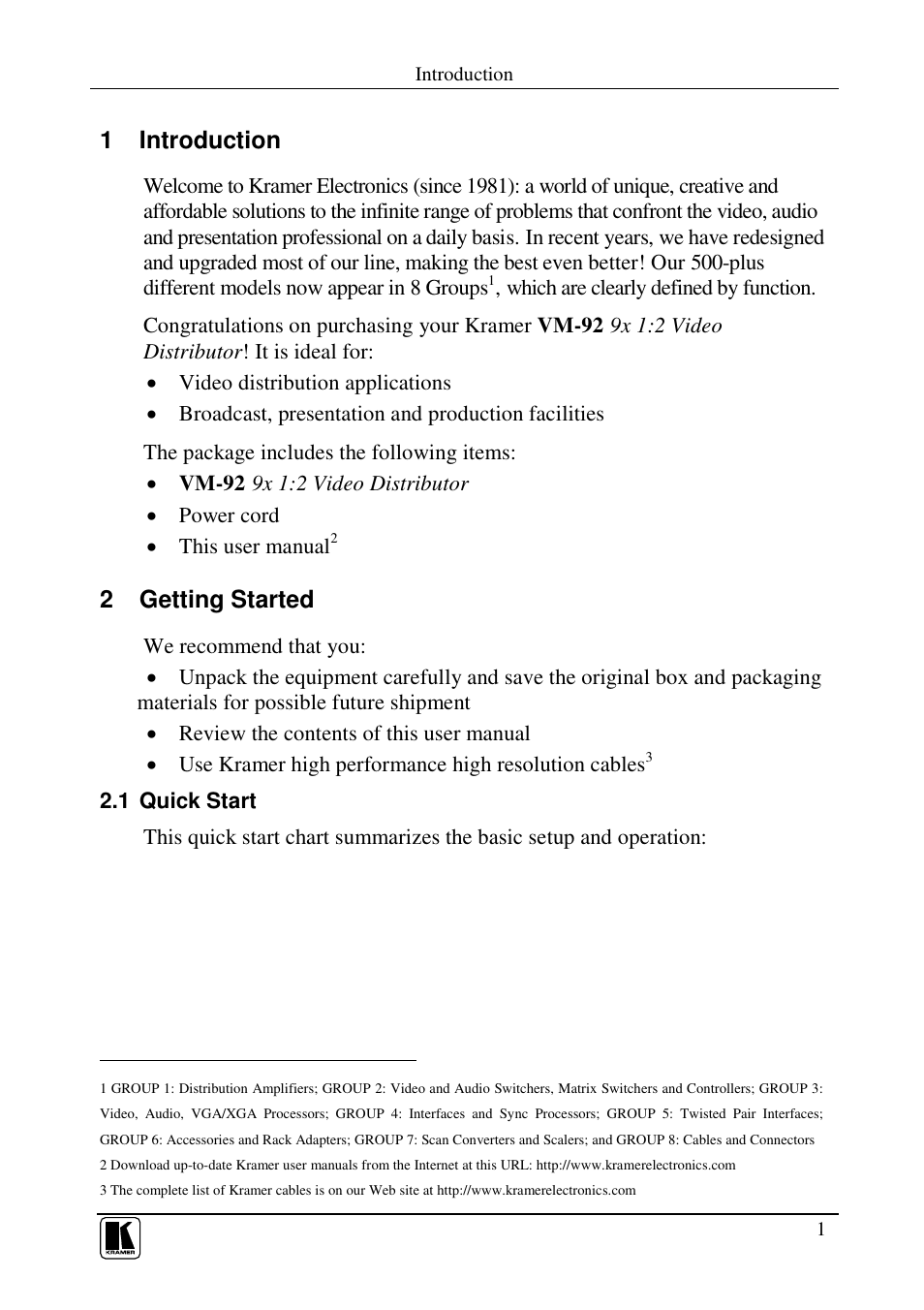 1 introduction, 2 getting started | Kramer Electronics VM-92 User Manual | Page 3 / 16