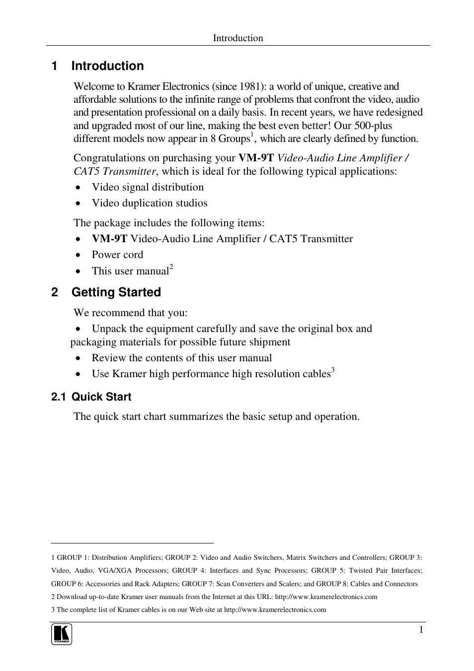 1 introduction, 2 getting started | Kramer Electronics VM-9T User Manual | Page 3 / 13