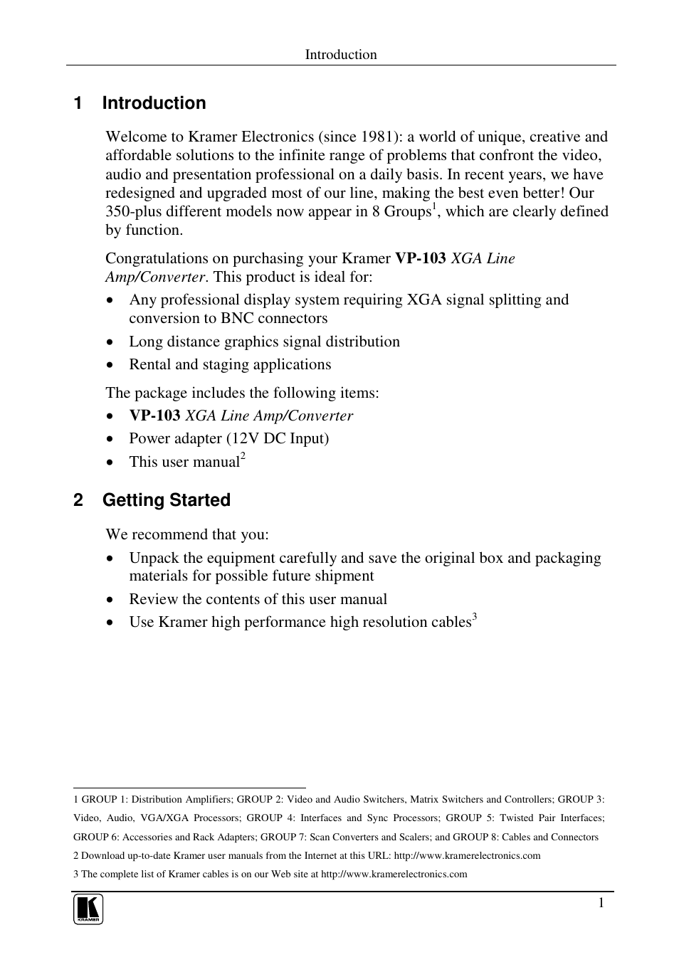1 introduction, 2 getting started | Kramer Electronics VP-103 User Manual | Page 3 / 9