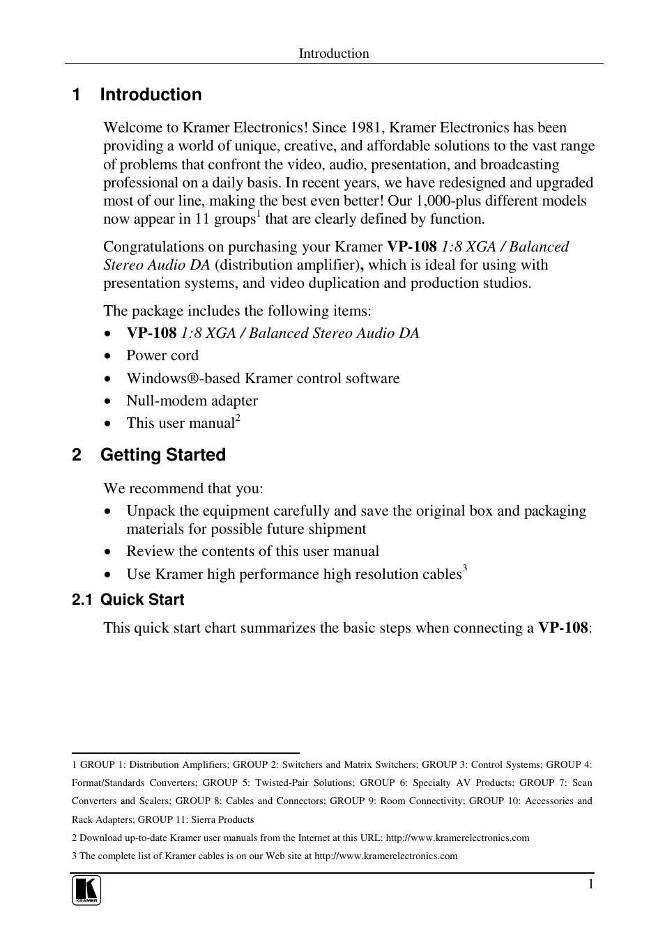 1 introduction, 2 getting started | Kramer Electronics VP-108 User Manual | Page 3 / 18