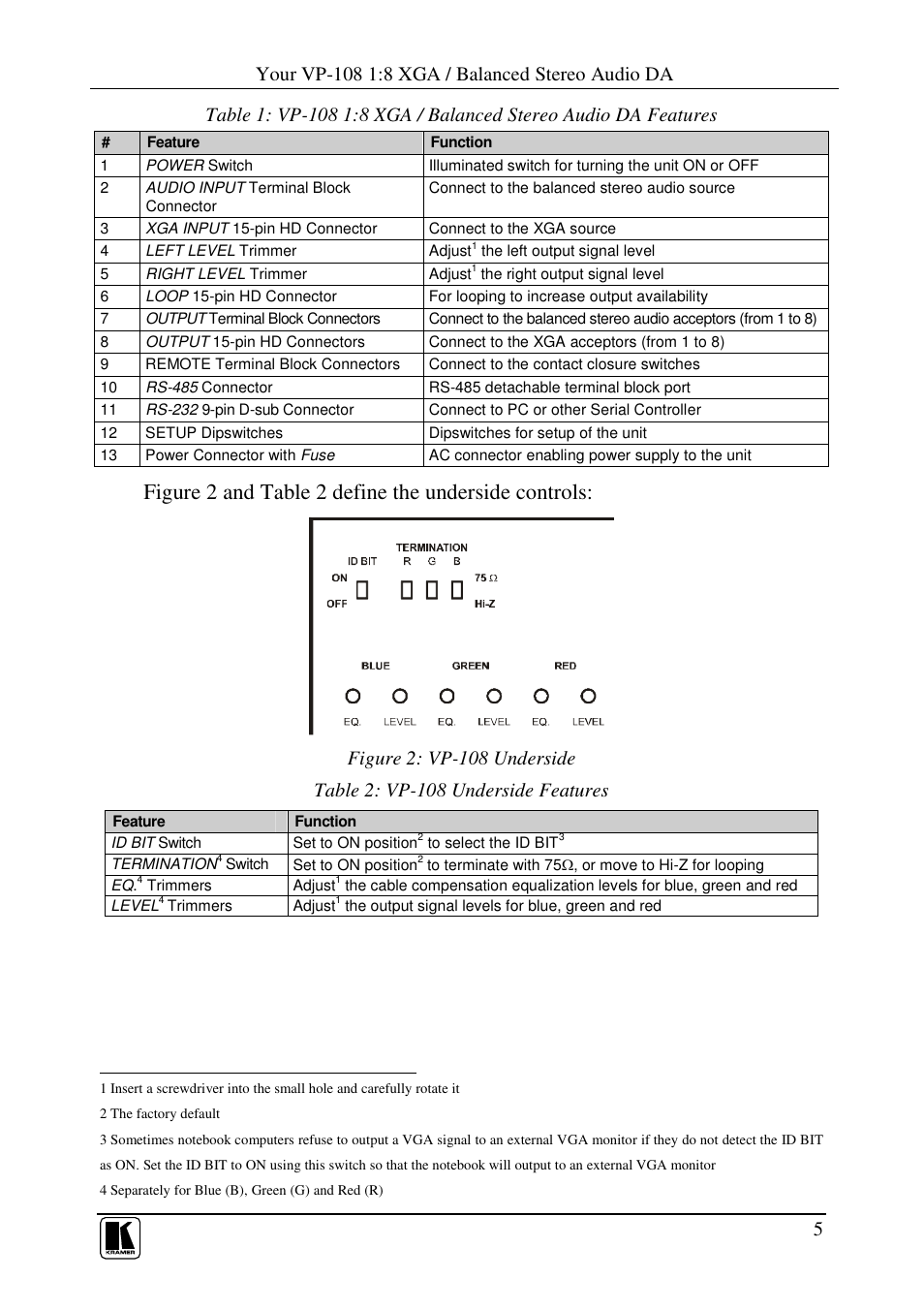 Figure 2 and table 2 define the underside controls | Kramer Electronics VP-108 User Manual | Page 7 / 18