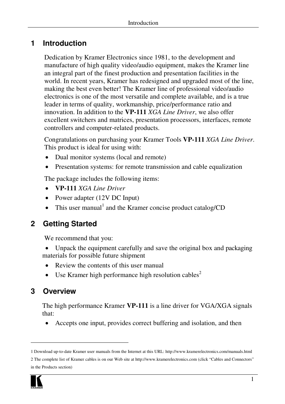 1 introduction, 2 getting started, 3 overview | Kramer Electronics VP-111 User Manual | Page 3 / 8
