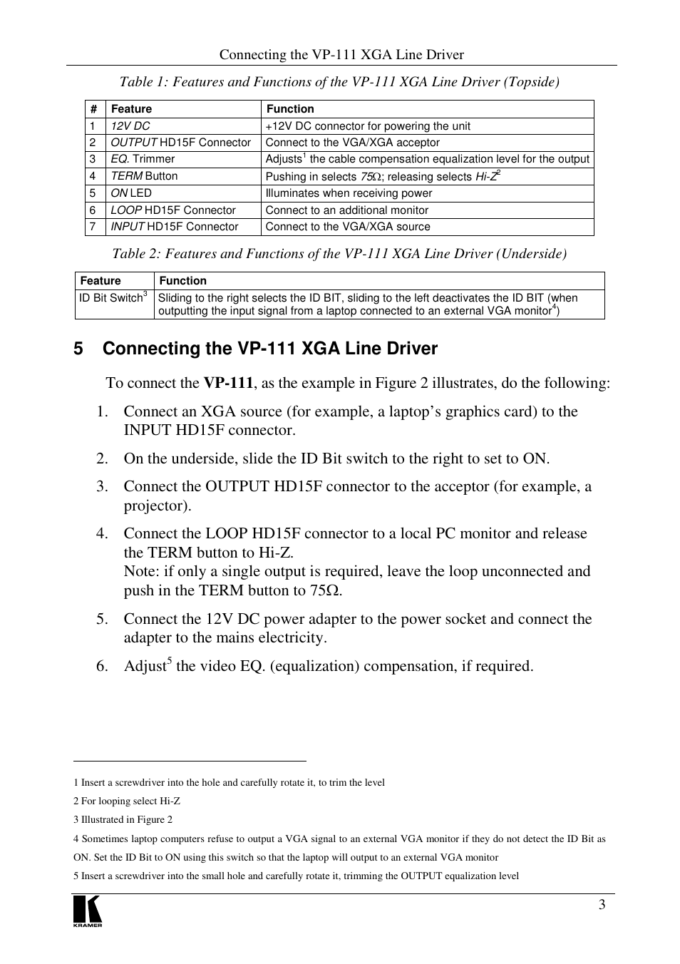 5 connecting the vp-111 xga line driver | Kramer Electronics VP-111 User Manual | Page 5 / 8