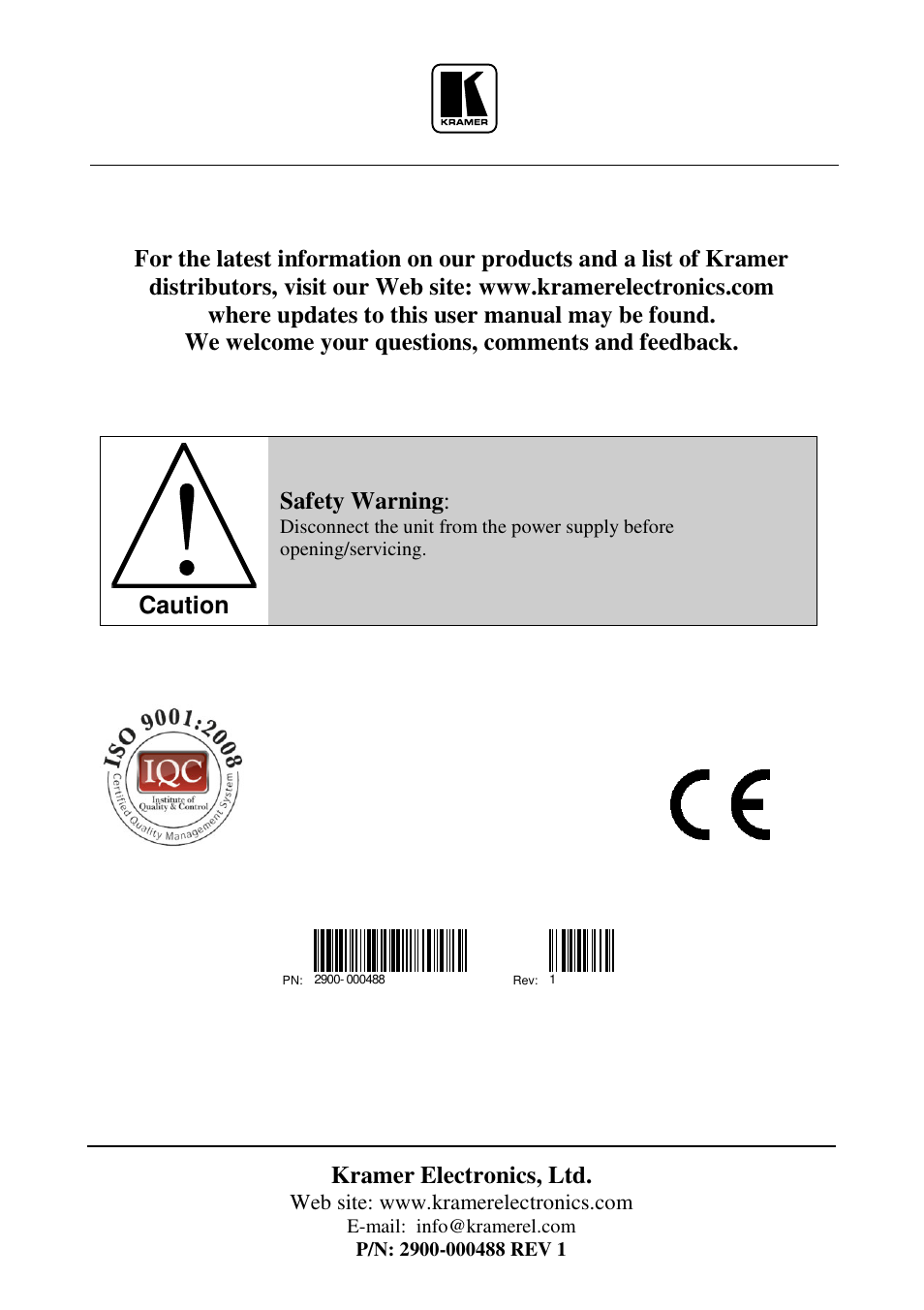 Kramer electronics, ltd, Caution, Safety warning | Kramer Electronics VP-111K User Manual | Page 11 / 11