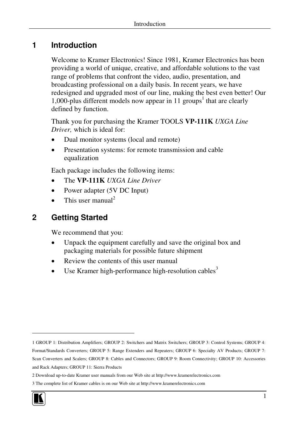 1introduction, 2getting started | Kramer Electronics VP-111K User Manual | Page 3 / 11