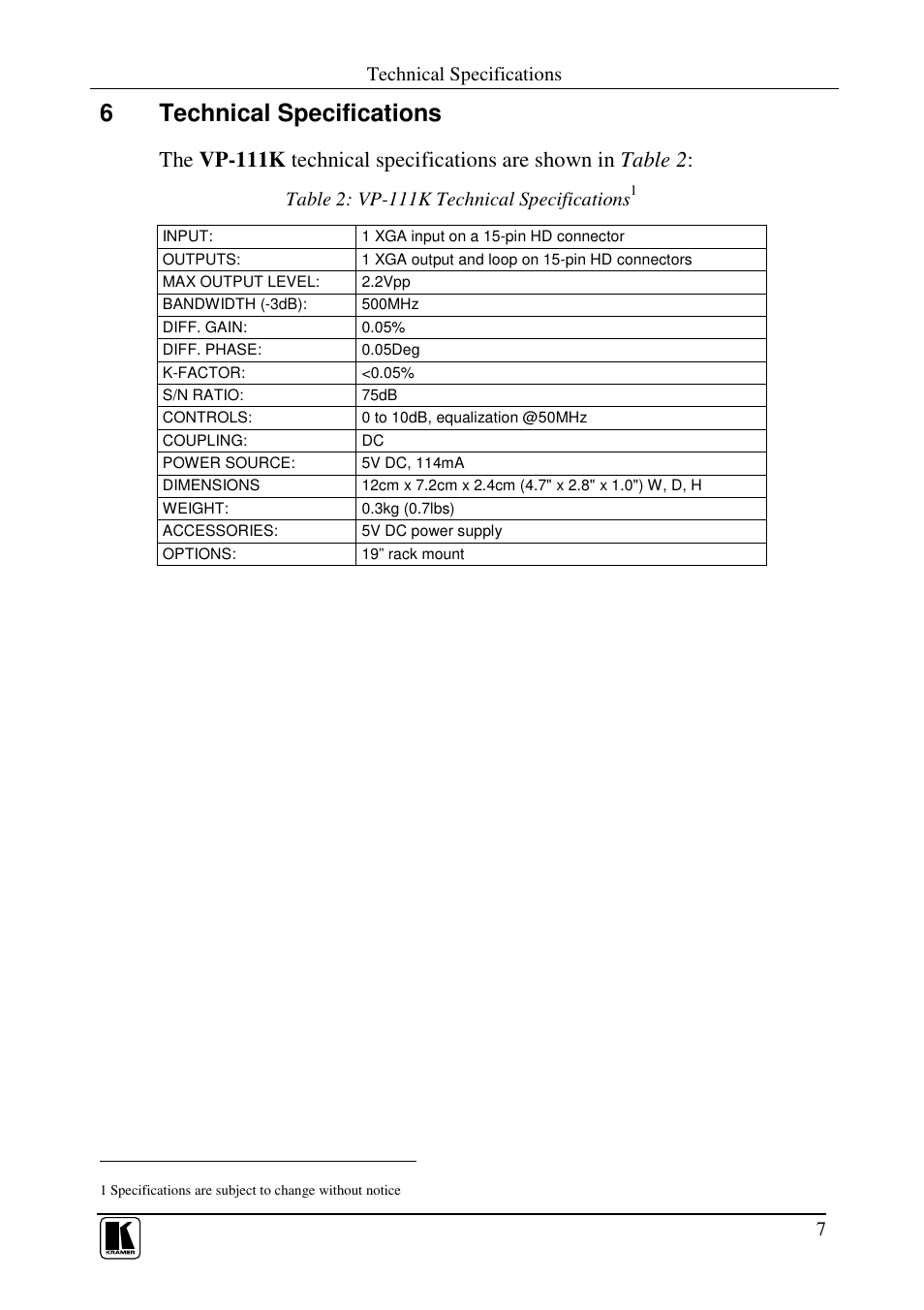 6technical specifications | Kramer Electronics VP-111K User Manual | Page 9 / 11