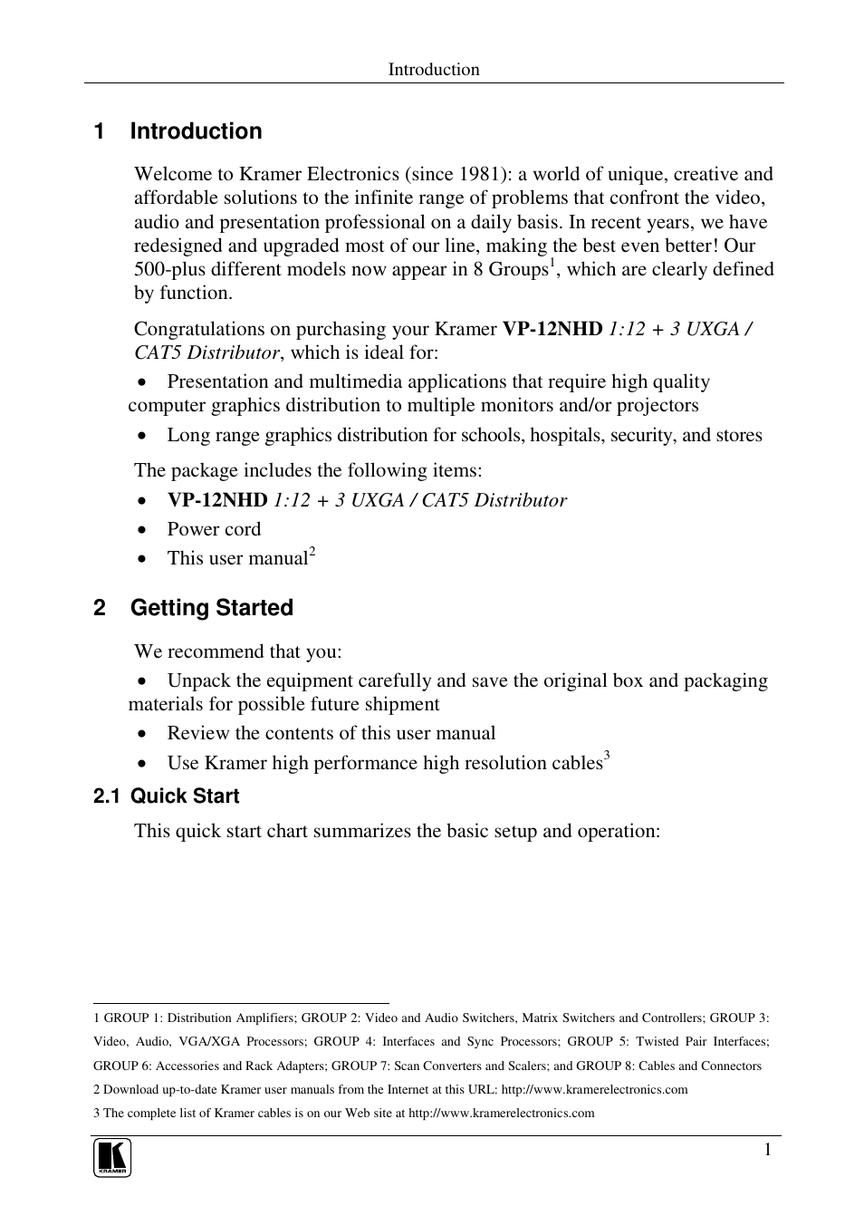 1 introduction, 2 getting started | Kramer Electronics VP-12NHD User Manual | Page 3 / 15
