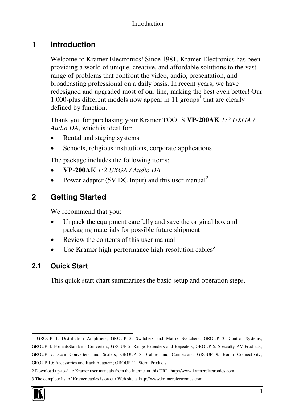 1introduction, 2getting started | Kramer Electronics VP-200AK User Manual | Page 3 / 11