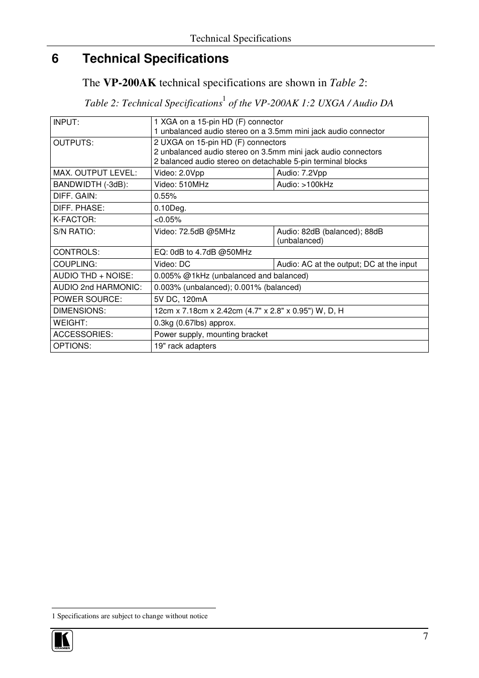6technical specifications, Technical specifications, Table 2: technical specifications | Kramer Electronics VP-200AK User Manual | Page 9 / 11