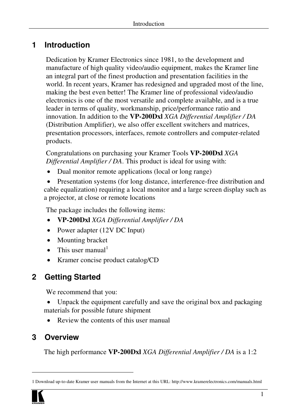 1 introduction, 2 getting started, 3 overview | Kramer Electronics VP-200Dxl User Manual | Page 3 / 8