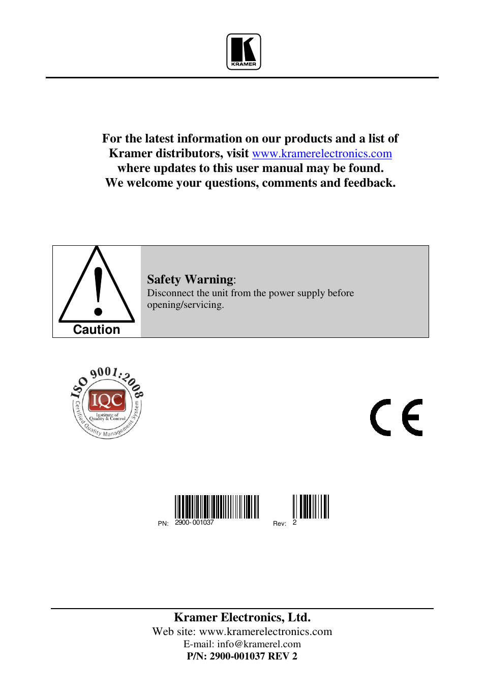 Kramer electronics, ltd, Caution, Safety warning | Kramer Electronics VP-200Dxl User Manual | Page 8 / 8