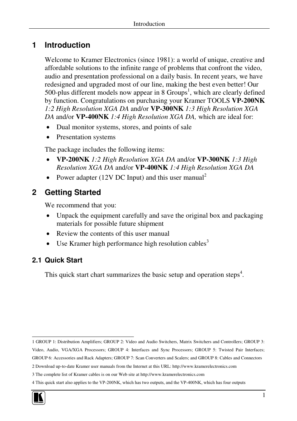 1 introduction, 2 getting started | Kramer Electronics VP-200NK User Manual | Page 3 / 14