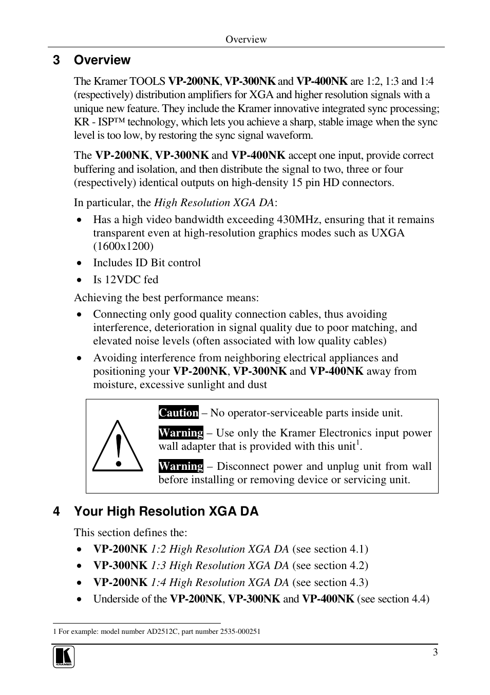 3 overview, 4 your high resolution xga da | Kramer Electronics VP-200NK User Manual | Page 5 / 14