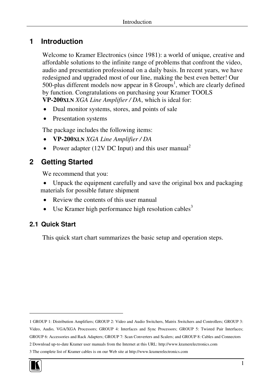 1 introduction, 2 getting started | Kramer Electronics VP-200xln User Manual | Page 3 / 11