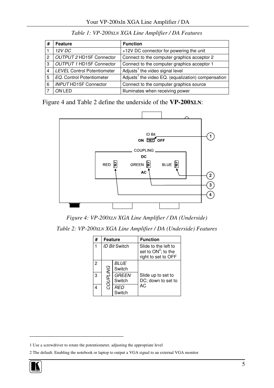 Your vp-200xln xga line amplifier / da, Xga line amplifier / da features, Figure 4: vp-200 | Xga line amplifier / da (underside) features | Kramer Electronics VP-200xln User Manual | Page 7 / 11