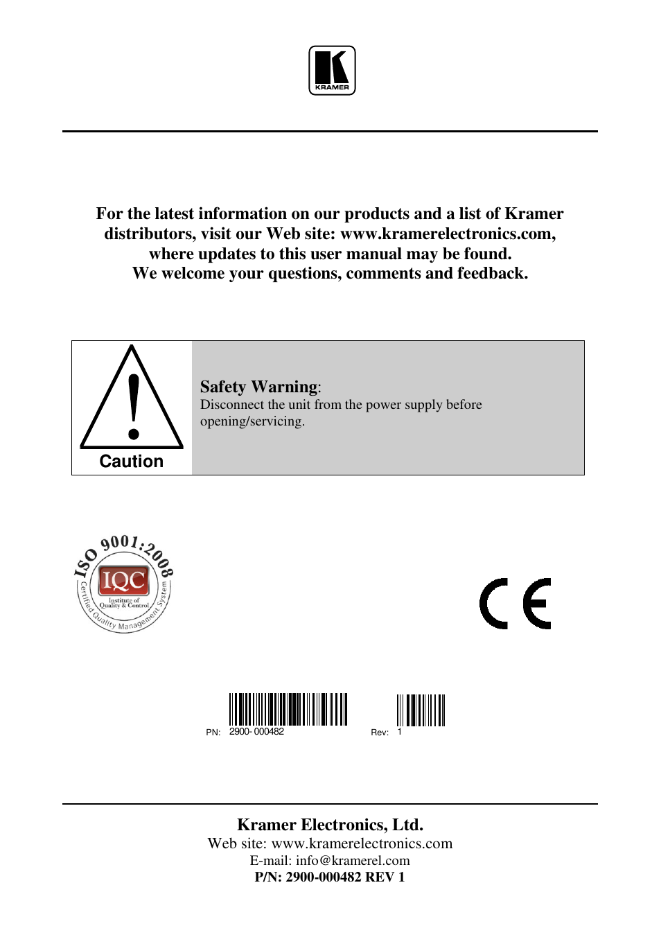 Kramer electronics, ltd, Caution, Safety warning | Kramer Electronics VP-210K User Manual | Page 10 / 10