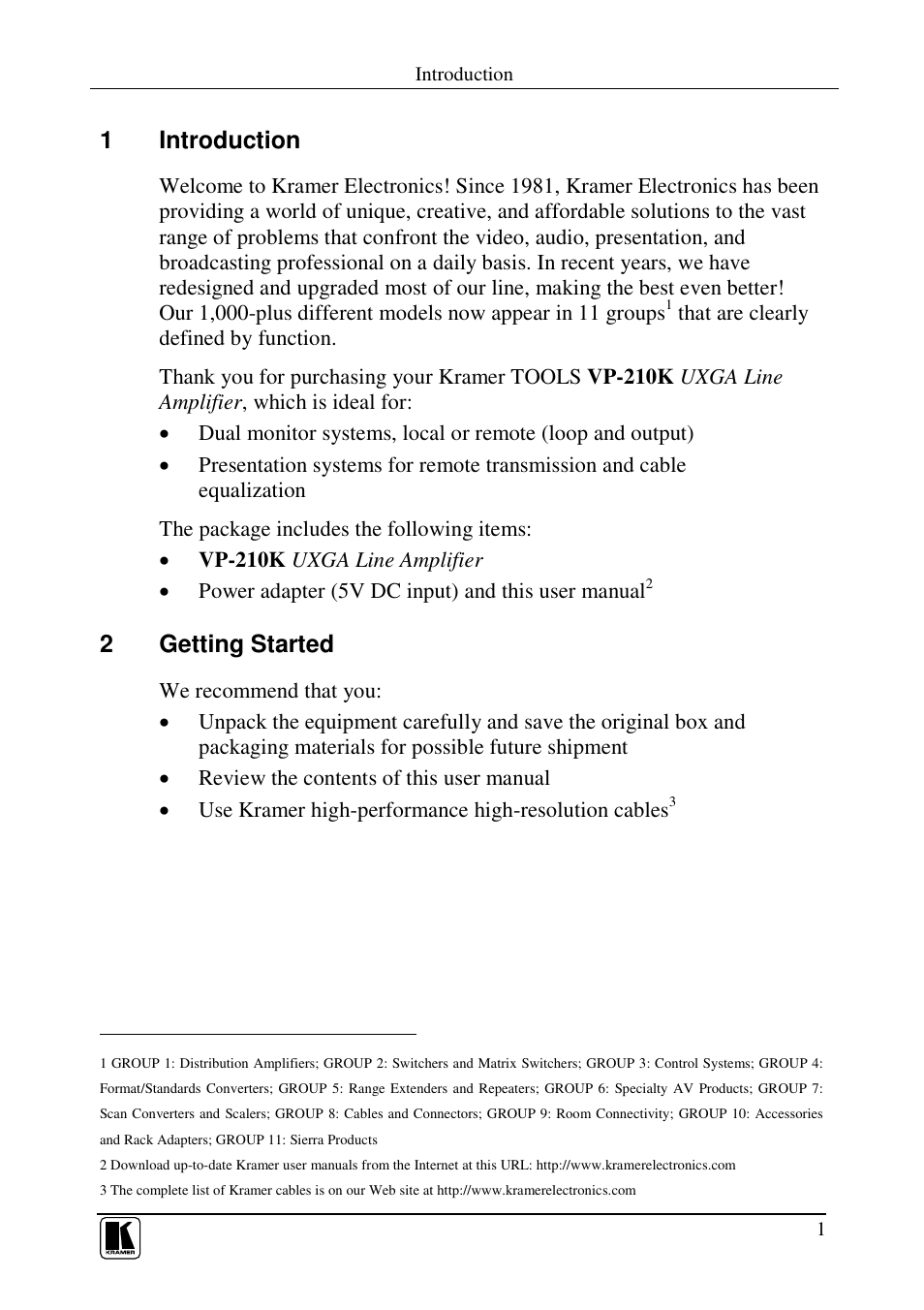 1introduction, 2getting started | Kramer Electronics VP-210K User Manual | Page 3 / 10