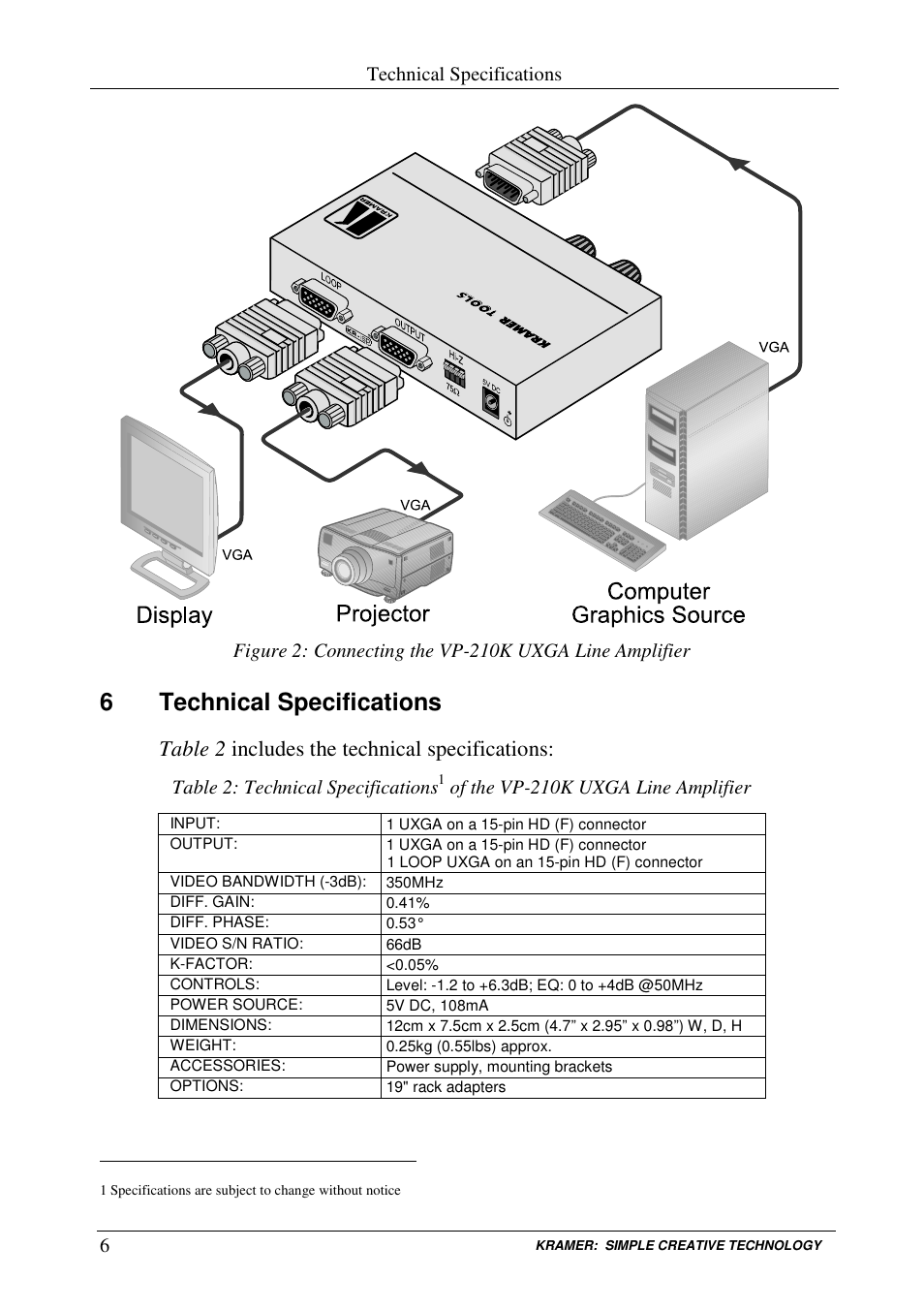 6technical specifications, Table 2 includes the technical specifications | Kramer Electronics VP-210K User Manual | Page 8 / 10