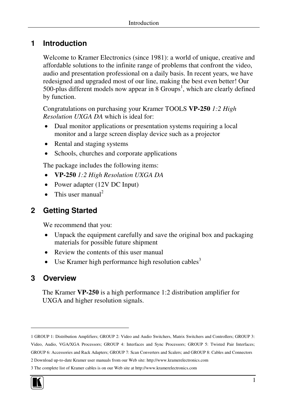 1 introduction, 2 getting started, 3 overview | Kramer Electronics VP-250 User Manual | Page 3 / 11