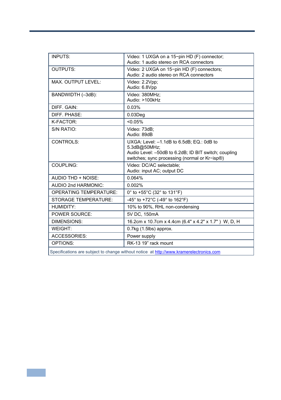 6 technical specifications, Technical specifications | Kramer Electronics VP-2K User Manual | Page 11 / 13