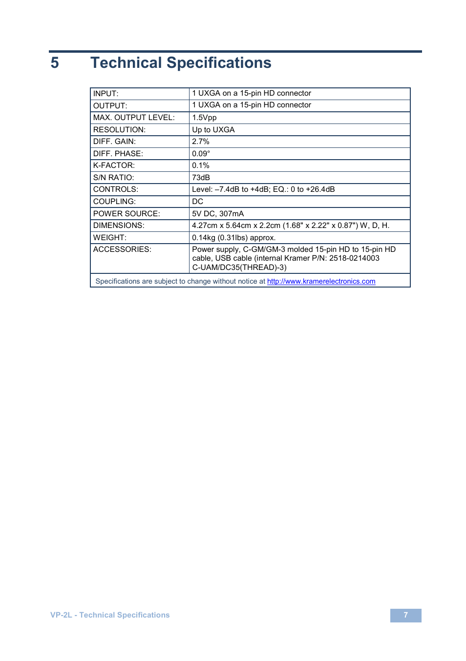 5 technical specifications, Technical specifications, 5technical specifications | Kramer Electronics VP-2L User Manual | Page 10 / 12