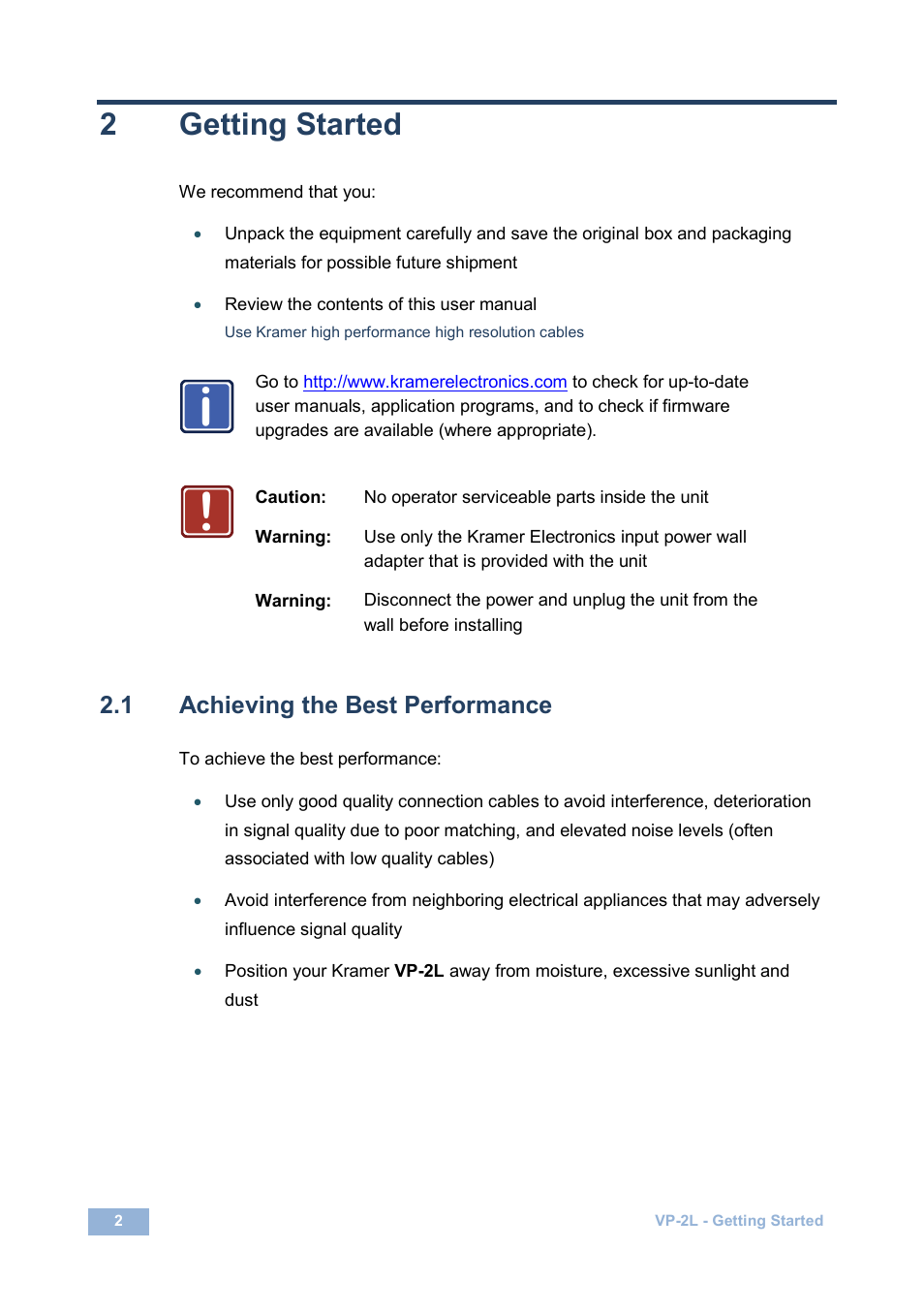 2 getting started, 1 achieving the best performance, Getting started | Achieving the best performance, 2getting started | Kramer Electronics VP-2L User Manual | Page 5 / 12