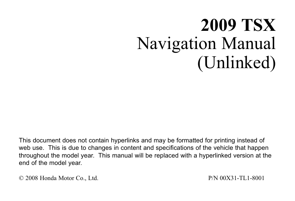 Acura 2009 TSX 00X31-TL1-8001 User Manual | 171 pages