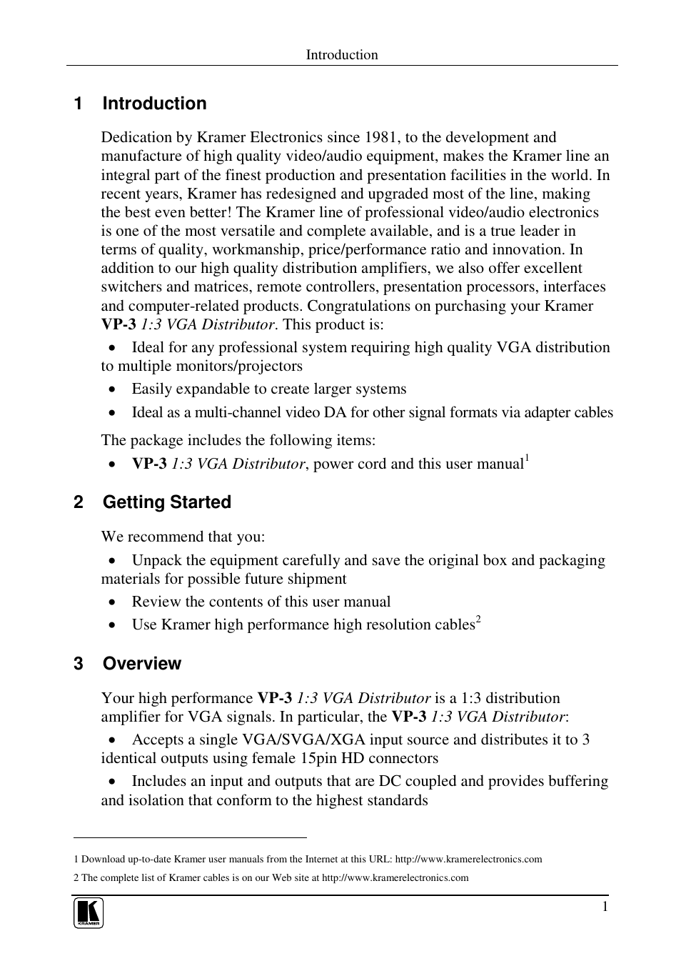 1 introduction, 2 getting started, 3 overview | Kramer Electronics VP-3 User Manual | Page 3 / 7