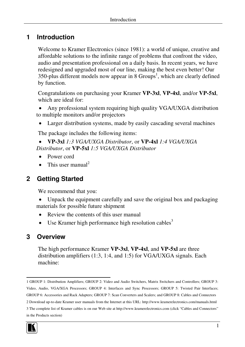 1 introduction, 2 getting started, 3 overview | Kramer Electronics VP-3xl User Manual | Page 3 / 11