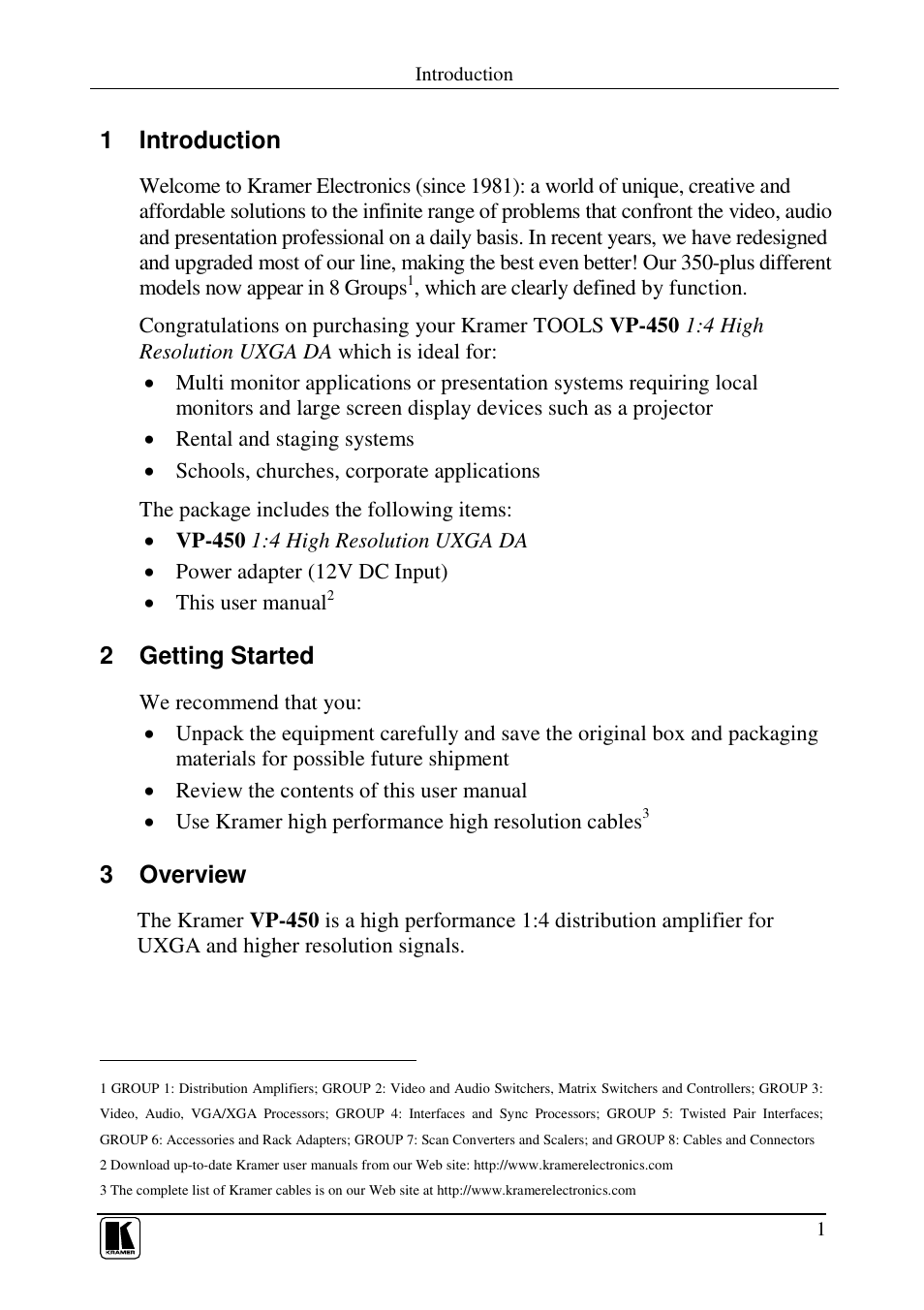 1 introduction, 2 getting started, 3 overview | Kramer Electronics VP-450 User Manual | Page 4 / 12