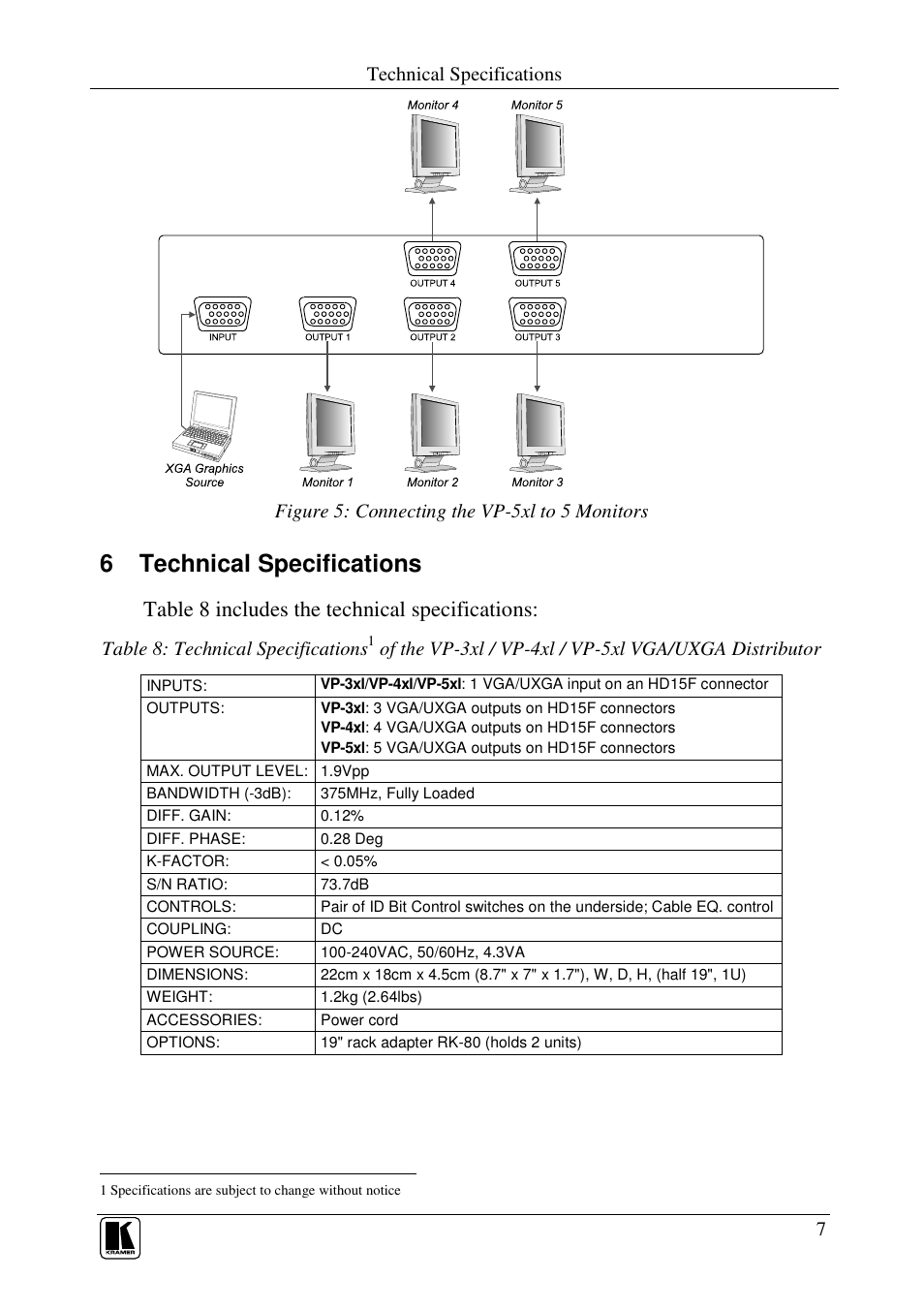 6 technical specifications, Table 8 includes the technical specifications, Technical specifications | Figure 5: connecting the vp-5xl to 5 monitors, Table 8: technical specifications | Kramer Electronics VP-4xl User Manual | Page 9 / 11