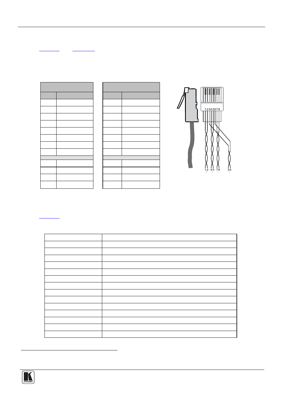 9 technical specifications, Wiring the cat 5 line in/line out rj-45 connectors, Technical specifications | Figure 9: tp connector, Table 7: tp connector pinout, Table 8: technical specifications | Kramer Electronics VP-200xlTHD User Manual | Page 17 / 20