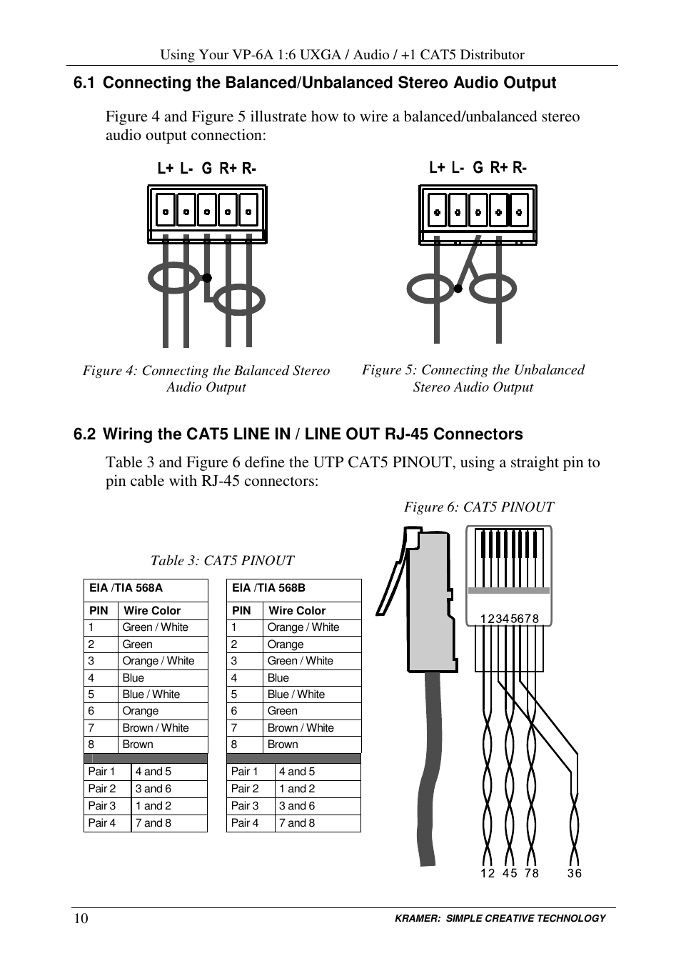 Table 3: cat5 pinout, Figure 6: cat5 pinout | Kramer Electronics VP-6A User Manual | Page 12 / 15