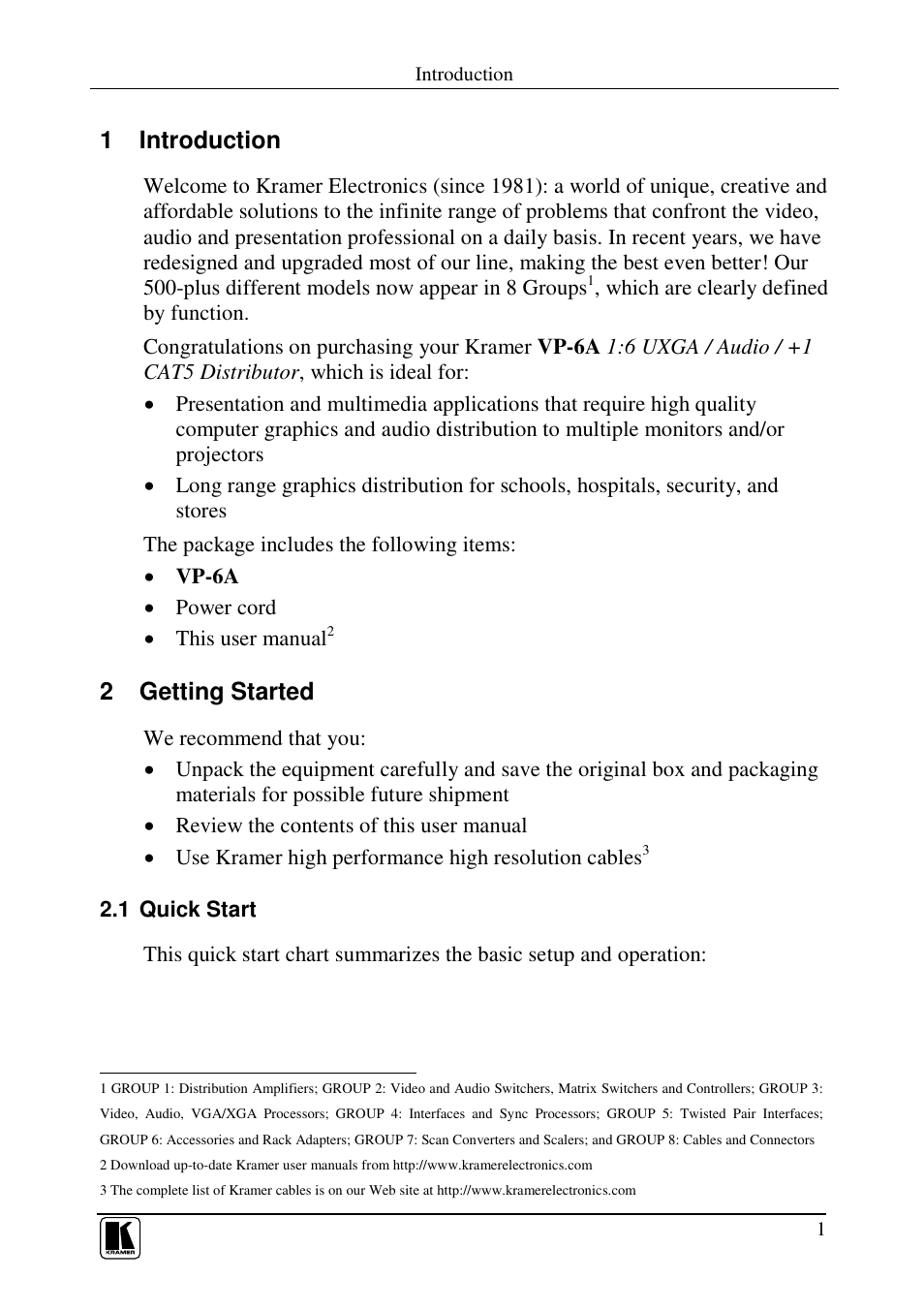 1 introduction, 2 getting started | Kramer Electronics VP-6A User Manual | Page 3 / 15