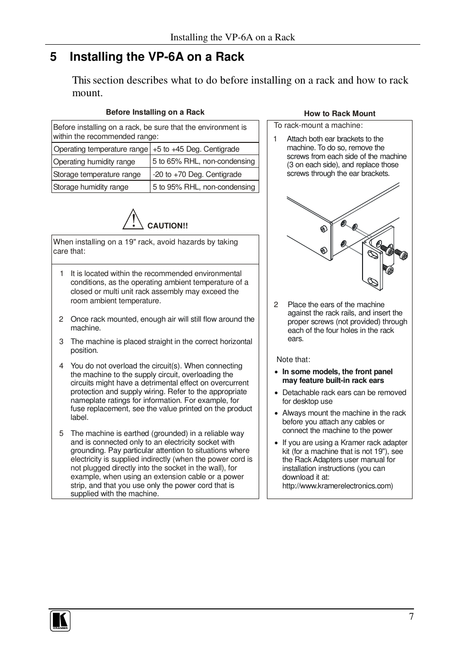 5 installing the vp-6a on a rack, Installing the vp-6a on a rack | Kramer Electronics VP-6A User Manual | Page 9 / 15