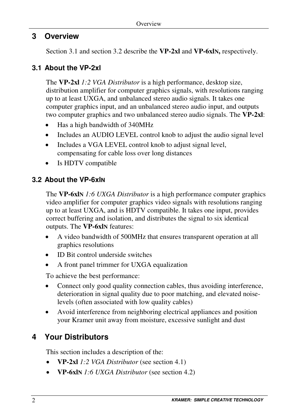 3 overview, 4 your distributors | Kramer Electronics VP-6xln User Manual | Page 4 / 13