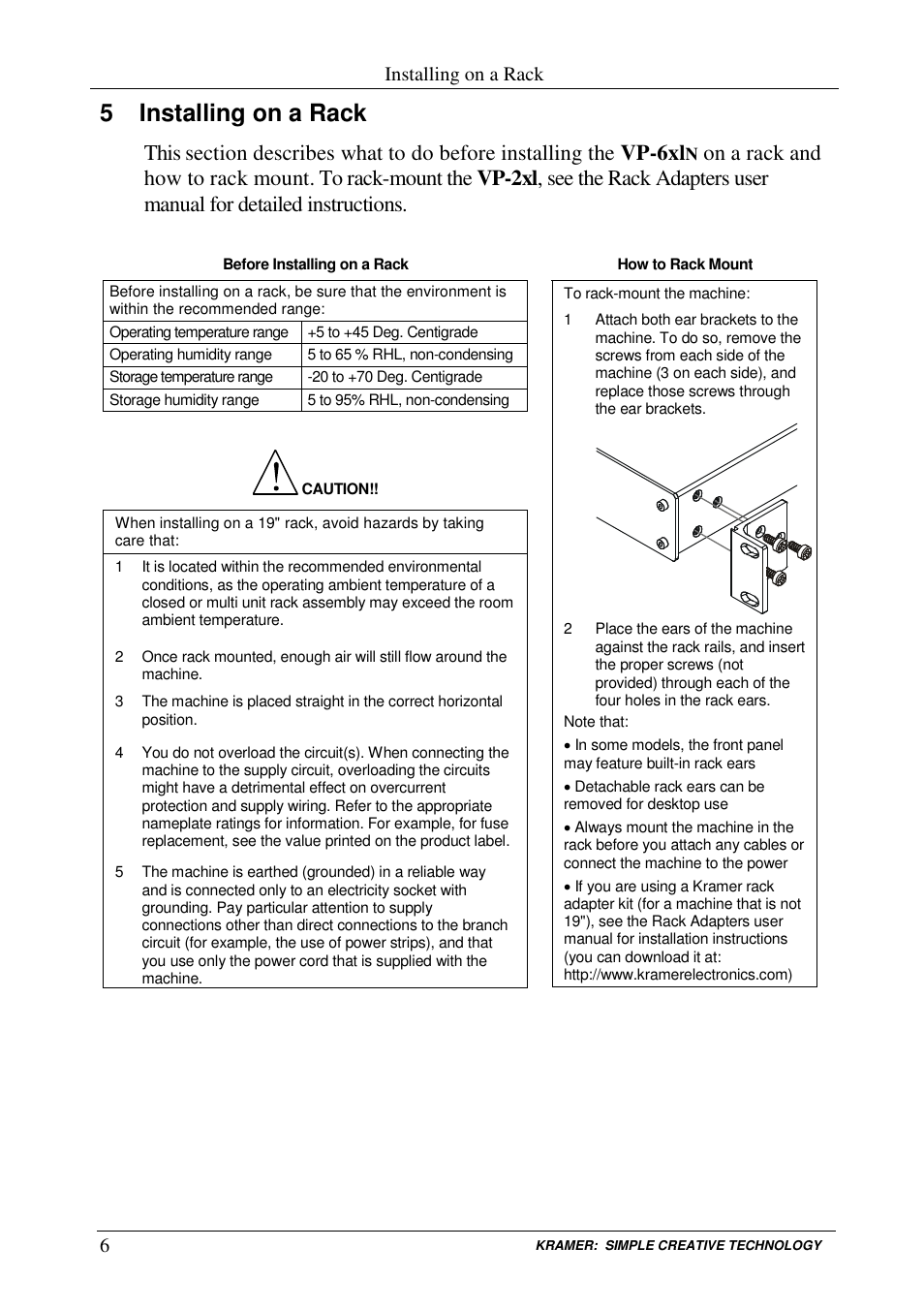 5 installing on a rack, Installing on a rack | Kramer Electronics VP-6xln User Manual | Page 8 / 13