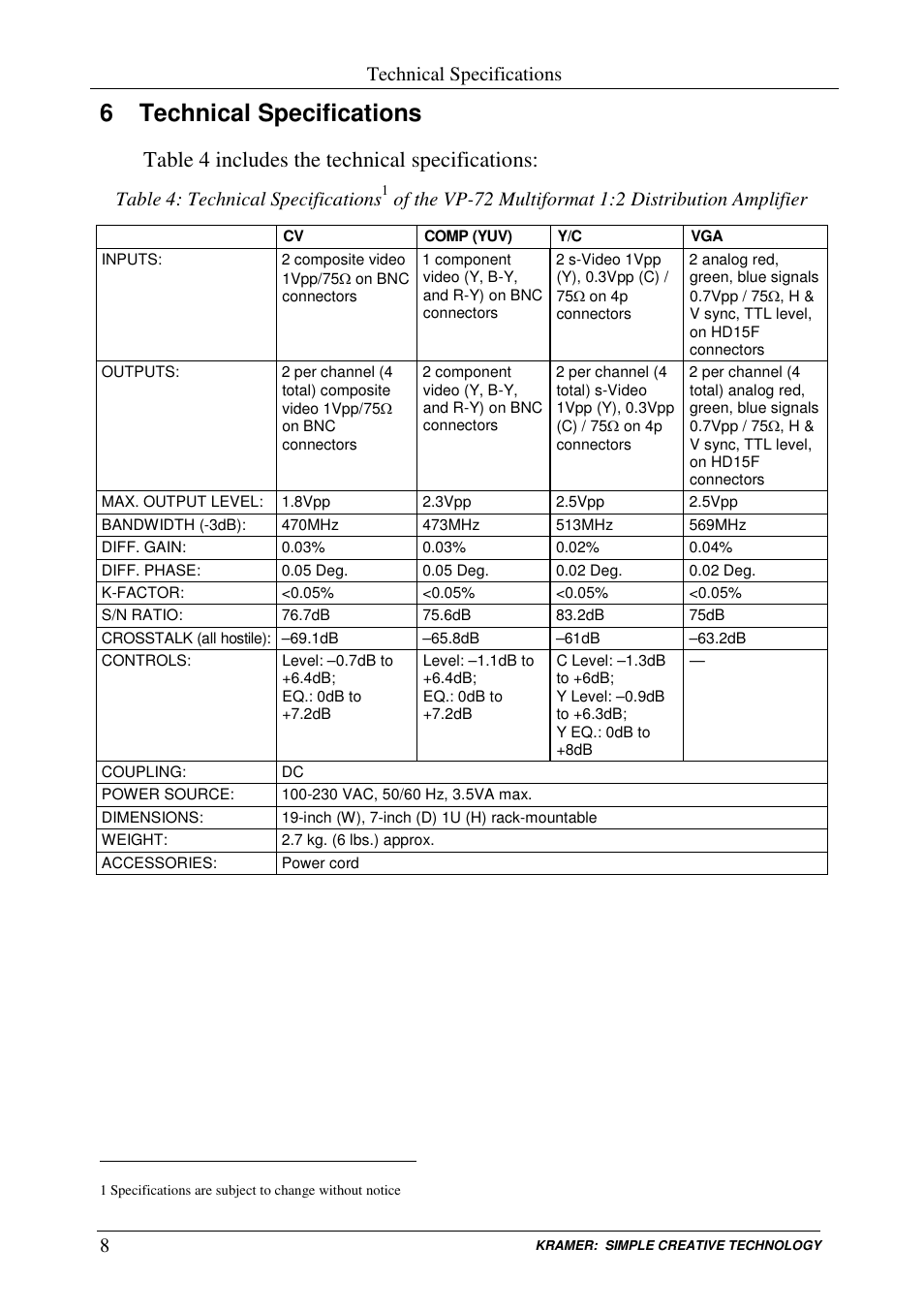 6 technical specifications, Table 4 includes the technical specifications, Technical specifications | Table 4: technical specifications | Kramer Electronics VP-72 User Manual | Page 10 / 12