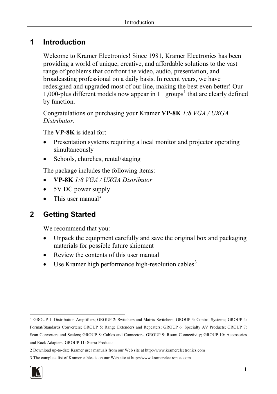 1 introduction, 2 getting started, Introduction | Getting started | Kramer Electronics VP-8K User Manual | Page 3 / 10