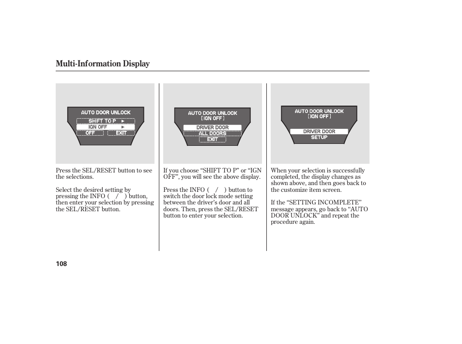 Multi-information display | Acura 2008 MDX User Manual | Page 114 / 490