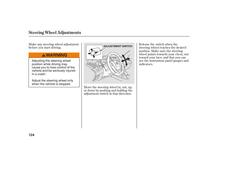 Steering wheel adjustments | Acura 2008 MDX User Manual | Page 130 / 490