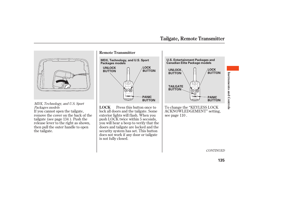 Tailgate, remote transmitter | Acura 2008 MDX User Manual | Page 141 / 490