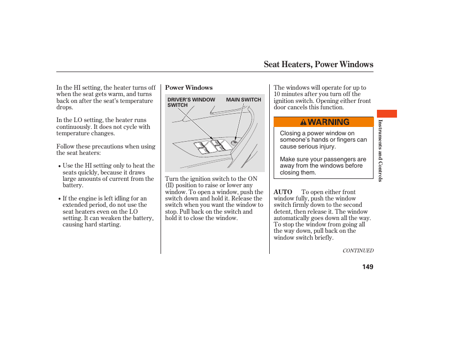 Seat heaters, power windows | Acura 2008 MDX User Manual | Page 155 / 490