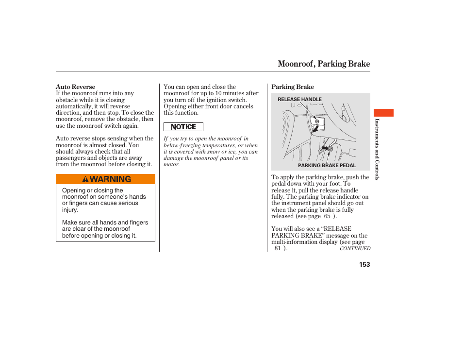 Moonroof, parking brake | Acura 2008 MDX User Manual | Page 159 / 490
