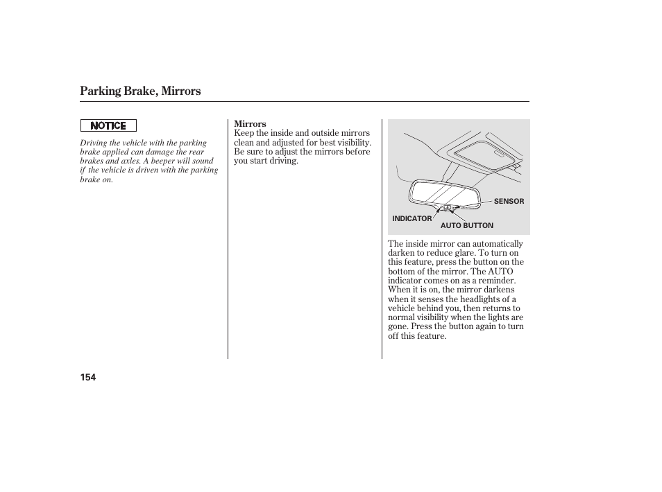 Parking brake, mirrors | Acura 2008 MDX User Manual | Page 160 / 490