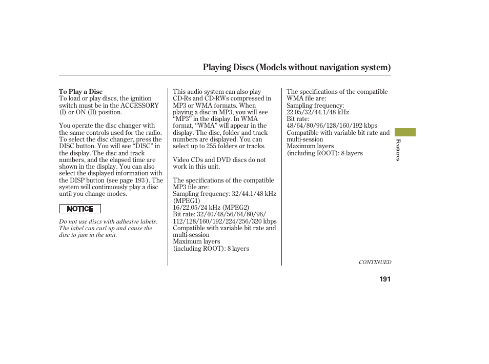 Playing discs (models without navigation system) | Acura 2008 MDX User Manual | Page 197 / 490